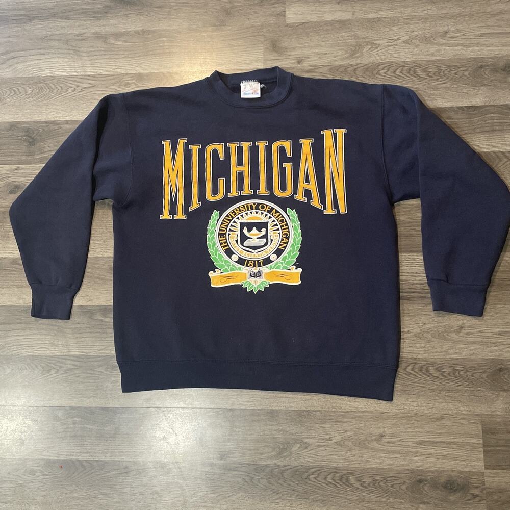 Vintage 90s University of Michigan Sweatshirt Girardin Navy Blue XL Made in USA